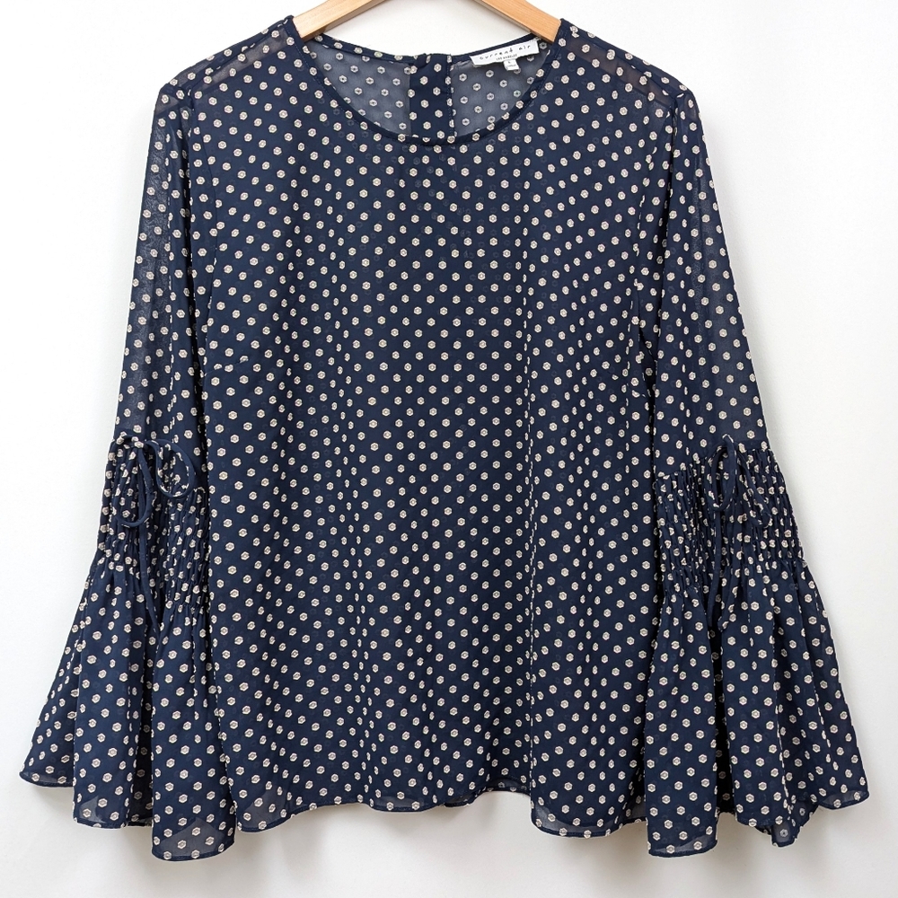Current Air Blouse Bell Sleeve Polkadot Round Neck Lightweight Semi-Sheer Blue L